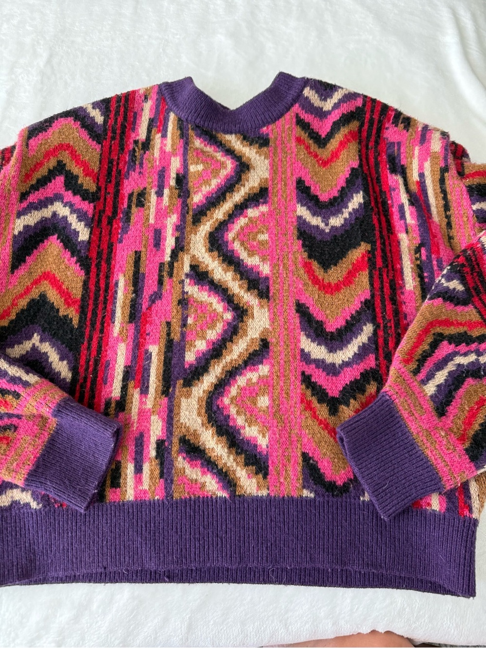 Farm Rio Women's Pink Purple Stripes Patches Pullover Sweater Size L D87